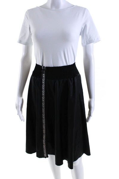 DKNY Womens Faux Leather Graphic Striped Smocked Zip A-Line Skirt Black Size S