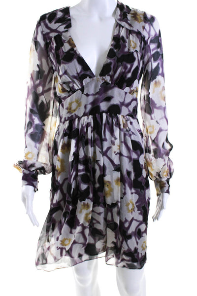 Milly Womens Side Zip Long Sleeve V Neck Floral Silk Dress White Purple Size 6