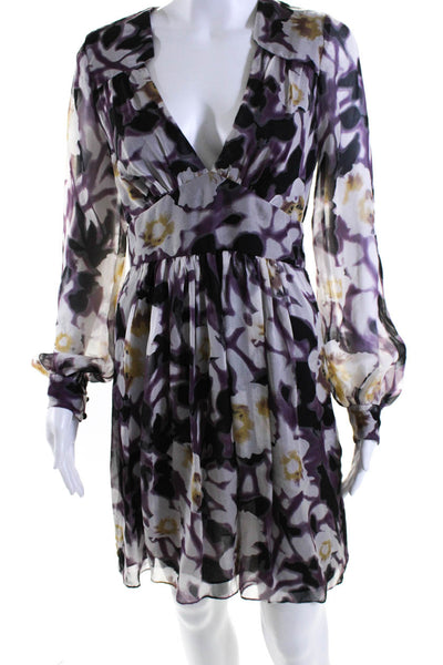 Milly Womens Side Zip Long Sleeve V Neck Floral Silk Dress White Purple Size 6