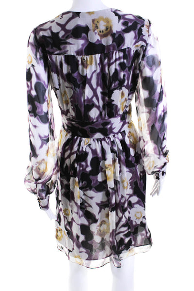 Milly Womens Side Zip Long Sleeve V Neck Floral Silk Dress White Purple Size 6