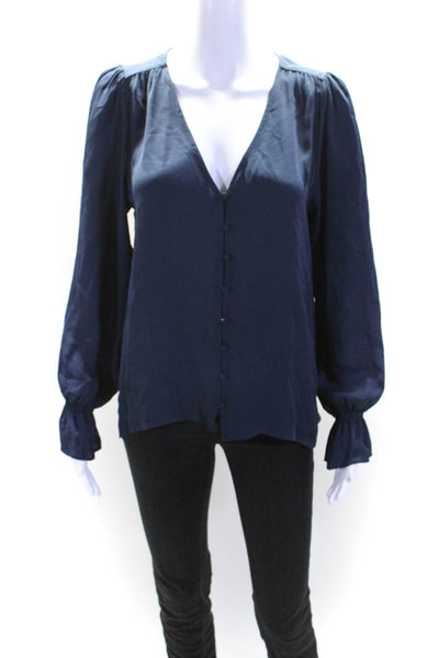 Joie Women's V-Neck Long Sleeves Button Down Sheer Blouse Navy Blue Size M