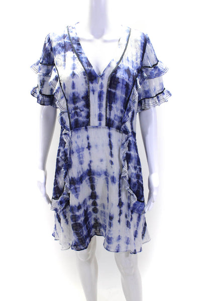 Tanya Taylor Womens Side Zip Short Sleeve Ruffled Silk Dress White Blue Size 6