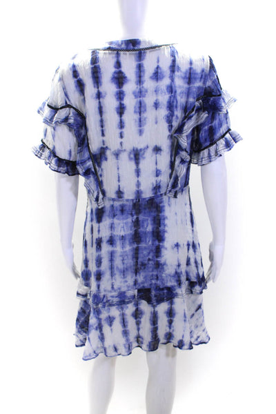 Tanya Taylor Womens Side Zip Short Sleeve Ruffled Silk Dress White Blue Size 6