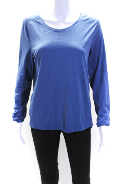 Athleta Womens Long Sleeve Scoop Neck Perforated Knit Shirt Blue Size Large