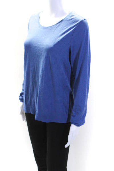 Athleta Womens Long Sleeve Scoop Neck Perforated Knit Shirt Blue Size Large