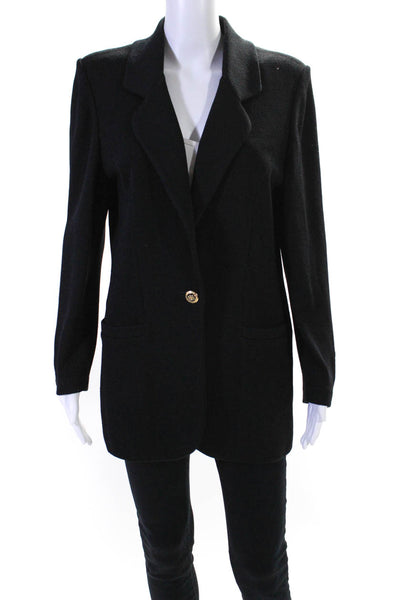 St. John Basics Womens Knitted Long Sleeve V-Neck Buttoned Blazer Black SIze 10