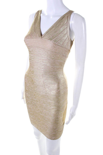 Katie J Couture Tween Metallic V-Neck Sleeveless Mini Bandage Dress Gold Size XL