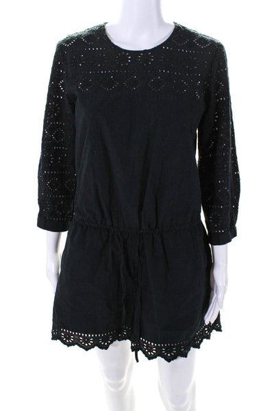 Madewell Womens Eyelet Long Sleeves Drawstring Waist Romper Black Cotton Size 6