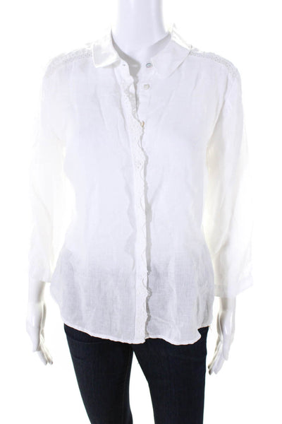 120% Lino Womens Linen Battenberg Lace Trimmed Buttoned Blouse White Size EUR44