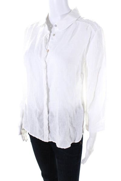 120% Lino Womens Linen Battenberg Lace Trimmed Buttoned Blouse White Size EUR44