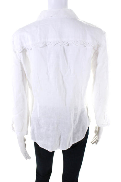 120% Lino Womens Linen Battenberg Lace Trimmed Buttoned Blouse White Size EUR44