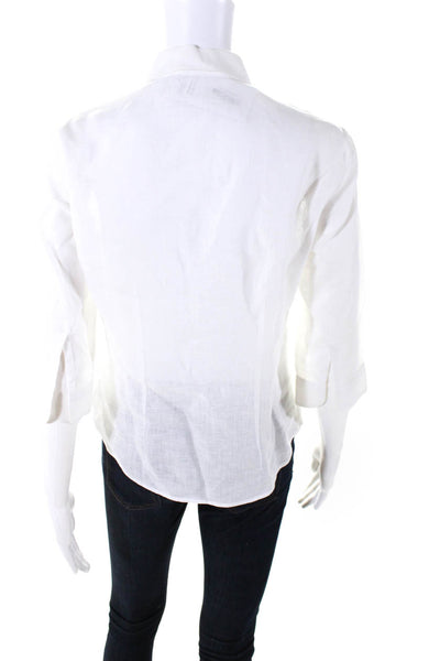 Amina Rubinacci Womens Linen Buttoned Collared Short Sleeve Top White Size EUR44