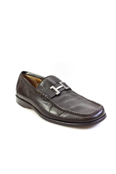 Hermes Mens Slip On Square Toe H Logo Loafers Brown Leather Size 41.5