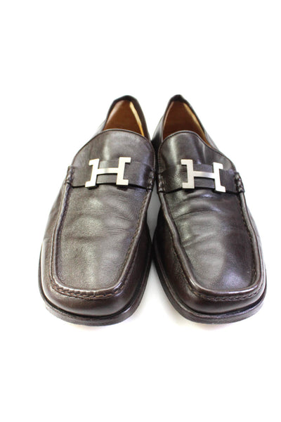 Hermes Mens Slip On Square Toe H Logo Loafers Brown Leather Size 41.5