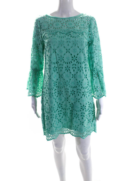 J Crew Women's Round Neck Long Sleeves Eyelet A-Line Mini Dress Green Size P4