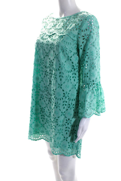 J Crew Women's Round Neck Long Sleeves Eyelet A-Line Mini Dress Green Size P4