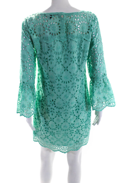 J Crew Women's Round Neck Long Sleeves Eyelet A-Line Mini Dress Green Size P4