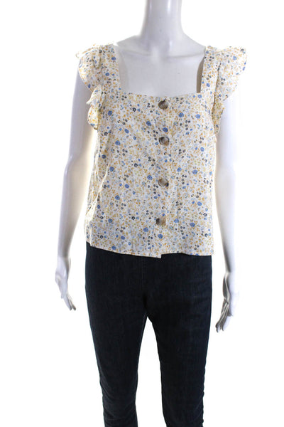 Madewell Womens Linen Button Down Square Neck Floral Ruffle Blouse Yellow Size S