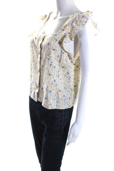 Madewell Womens Linen Button Down Square Neck Floral Ruffle Blouse Yellow Size S