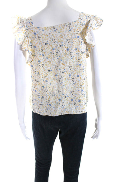 Madewell Womens Linen Button Down Square Neck Floral Ruffle Blouse Yellow Size S