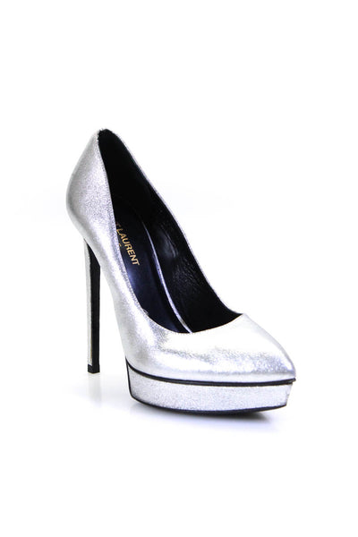 Saint Laurent Womens Pointed Toe Platform Slide On Pumps Silver Size 38  8