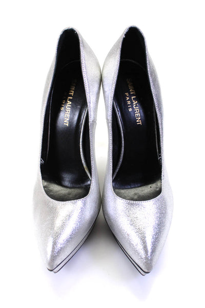 Saint Laurent Womens Pointed Toe Platform Slide On Pumps Silver Size 38  8