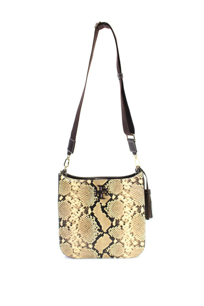 Tory Burch Womens Suede Snakeskin Print Gold Tone Shoulder Handbag Beige Brown