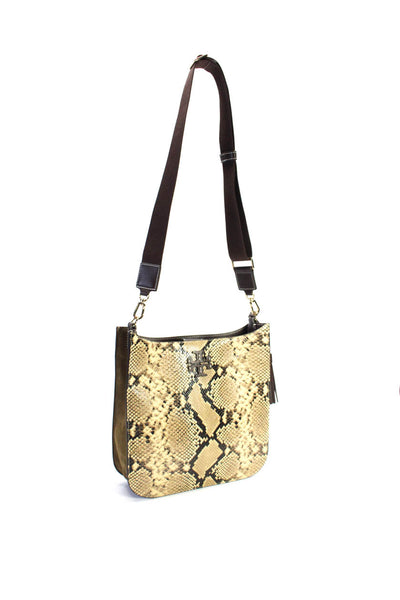 Tory Burch Womens Suede Snakeskin Print Gold Tone Shoulder Handbag Beige Brown