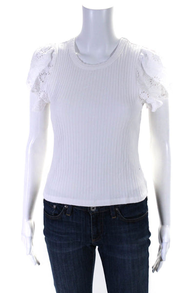 Rails Womens Coton Ribbed Battenberg Lace Short Sleeve Blouse Top White Size S