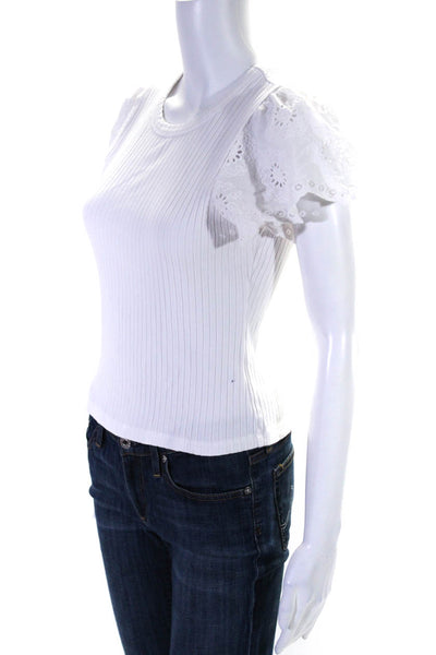 Rails Womens Coton Ribbed Battenberg Lace Short Sleeve Blouse Top White Size S