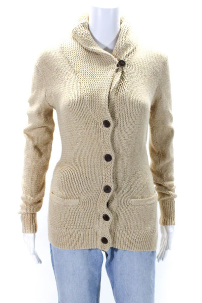 Ralph Lauren Womens Brown Linen Hand Knit Cowl Neck Cardigan Sweater Top Size M