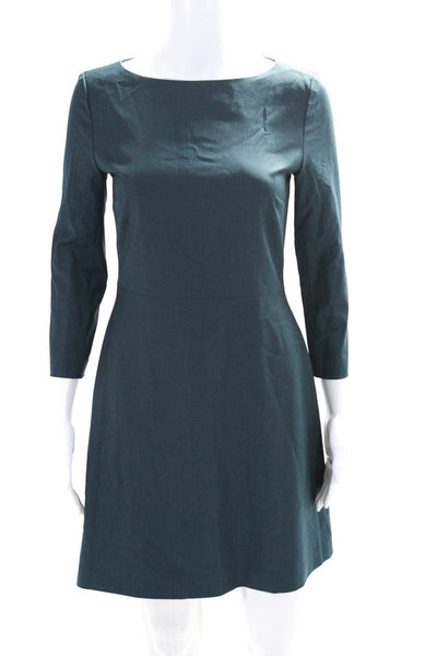 Theory Womens Back Zip 3/4 Sleeve Boat Neck A Line Dress Green Size 2