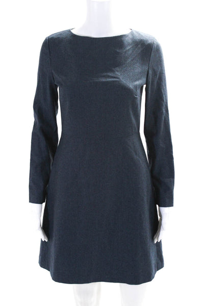 Theory Womens Back Zip 3/4 Sleeve Boat Neck A Line Dress Blue Wool Size 2