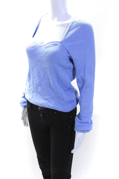 & Other Stories Womens Scoop Neck Long Sleeve Ribbed Blouse Top Blue Size L