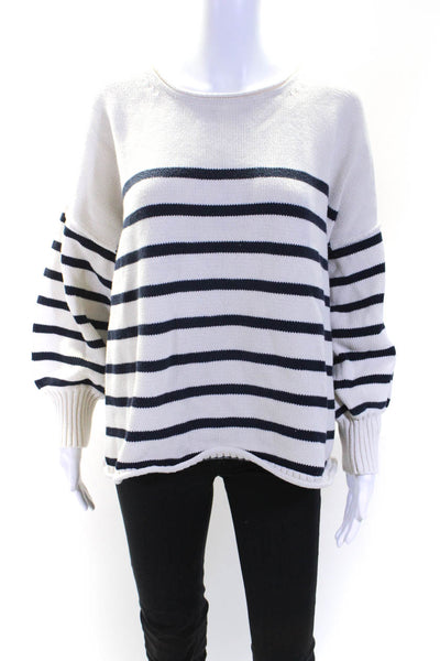 Madewell Womens Cotton Stripe Print Round Neck Long Sleeve Sweater White Size XL