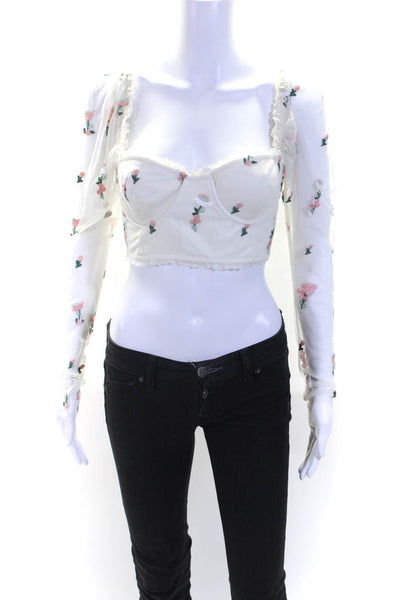 Majorelle Womens Floral Embroider Darted Cropped Long Sleeve Blouse White Size L