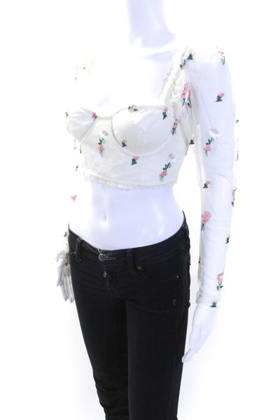 Majorelle Womens Floral Embroider Darted Cropped Long Sleeve Blouse White Size L