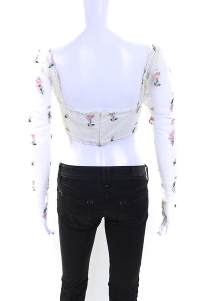 Majorelle Womens Floral Embroider Darted Cropped Long Sleeve Blouse White Size L