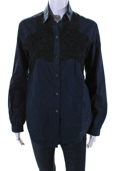 N 21 Womens Collared Long Sleeves Button Down Lace Trim Blouse Navy Blue Size 38