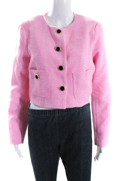 Joie Womens Cropped Crew Neck Button Up Tweed Jacket Hot Pink Size 8