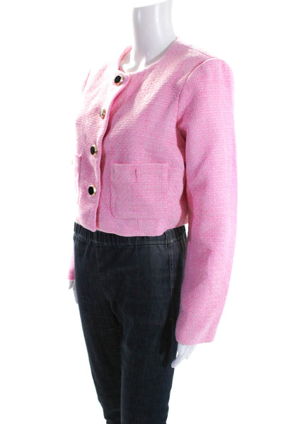 Joie Womens Cropped Crew Neck Button Up Tweed Jacket Hot Pink Size 8