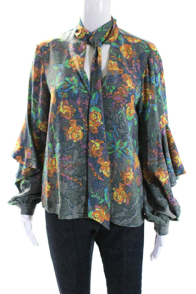 BCBG Max Azria Womens Floral Print V-Neck Tied Flare Sleeve Blouse Green Size S