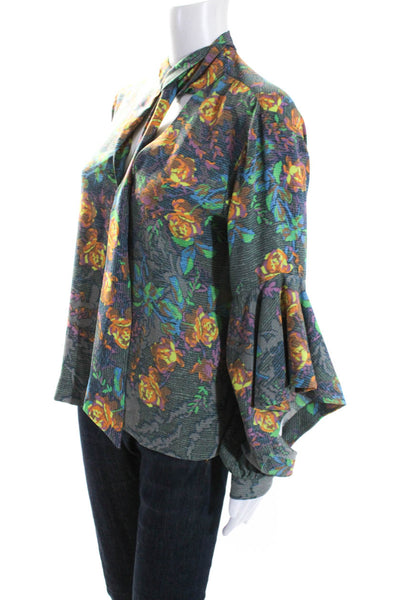 BCBG Max Azria Womens Floral Print V-Neck Tied Flare Sleeve Blouse Green Size S