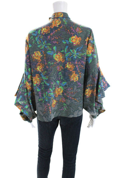 BCBG Max Azria Womens Floral Print V-Neck Tied Flare Sleeve Blouse Green Size S