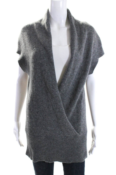 Vince Womens Alpaca V-Neck Knitted Ribbed Short Sleeve Sweater Top Gray Size M