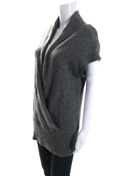 Vince Womens Alpaca V-Neck Knitted Ribbed Short Sleeve Sweater Top Gray Size M