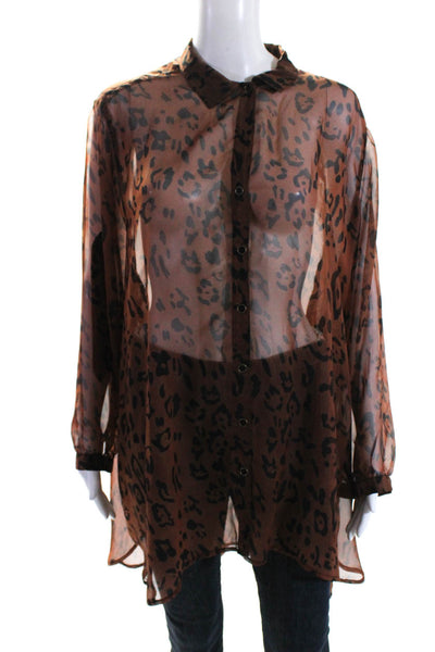 Mink Pink Womens Sheer Long Sleeve Leopard Print Button Down Blouse Brown Size M