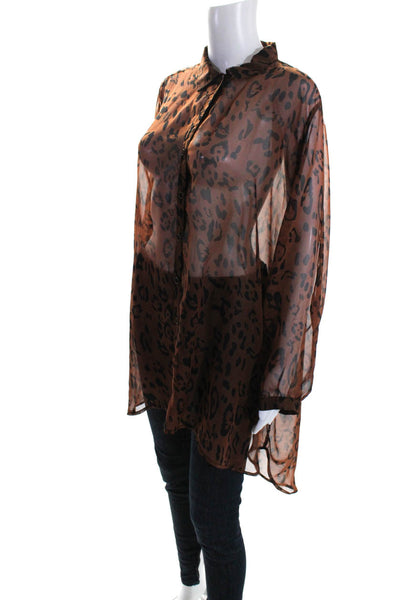 Mink Pink Womens Sheer Long Sleeve Leopard Print Button Down Blouse Brown Size M