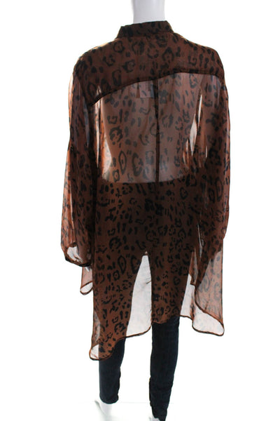 Mink Pink Womens Sheer Long Sleeve Leopard Print Button Down Blouse Brown Size M