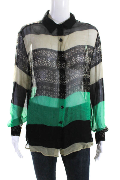 Sam & Lavi Womens Sheer Long Sleeve Striped Button Down Blouse Green Black Size